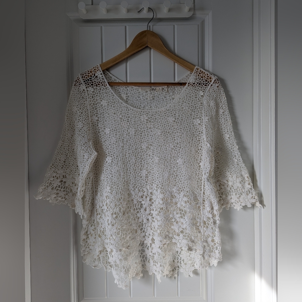 Crochet Lace Scoop Neck Top in Creamy White Cotton Size Large